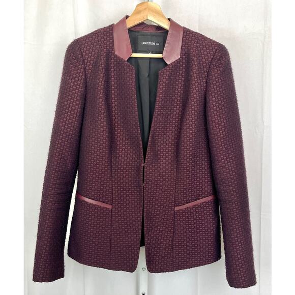 LAFAYETTE 148 Tweed Jacket Blazer Jacket Wool blend Leather Trim Wine Red Size 4 - Picture 11 of 11